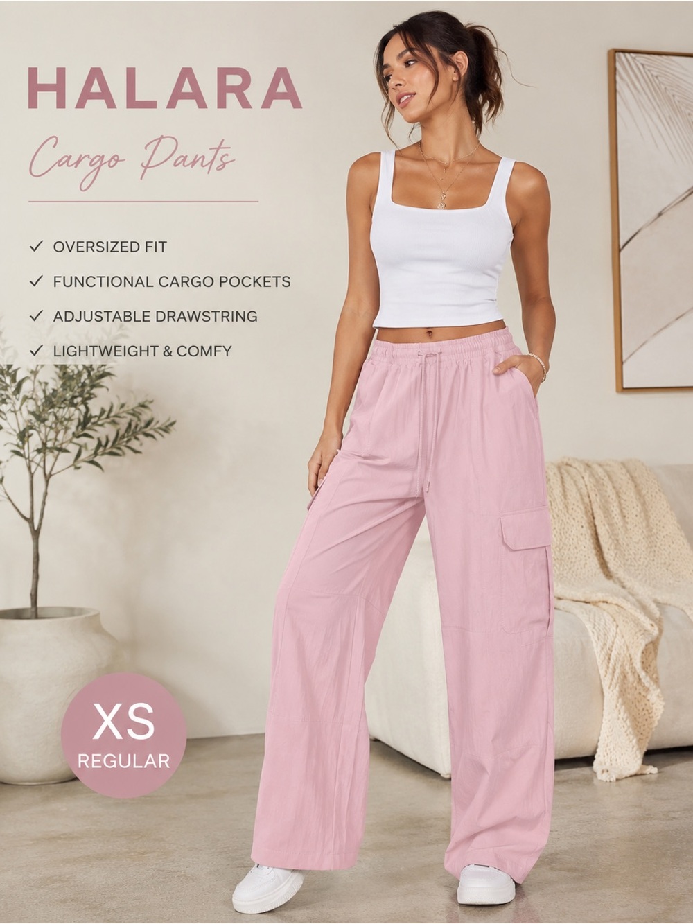HALARA Cargo Pants XS Regular NWT Oversized Wide Leg Drawstring‎ Pink